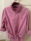 Pink plaid Ralph Lauren ruffled collar top on hanger with front knot detail
