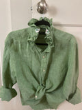Sage green linen ruffled collar top on hanger with front knot detail