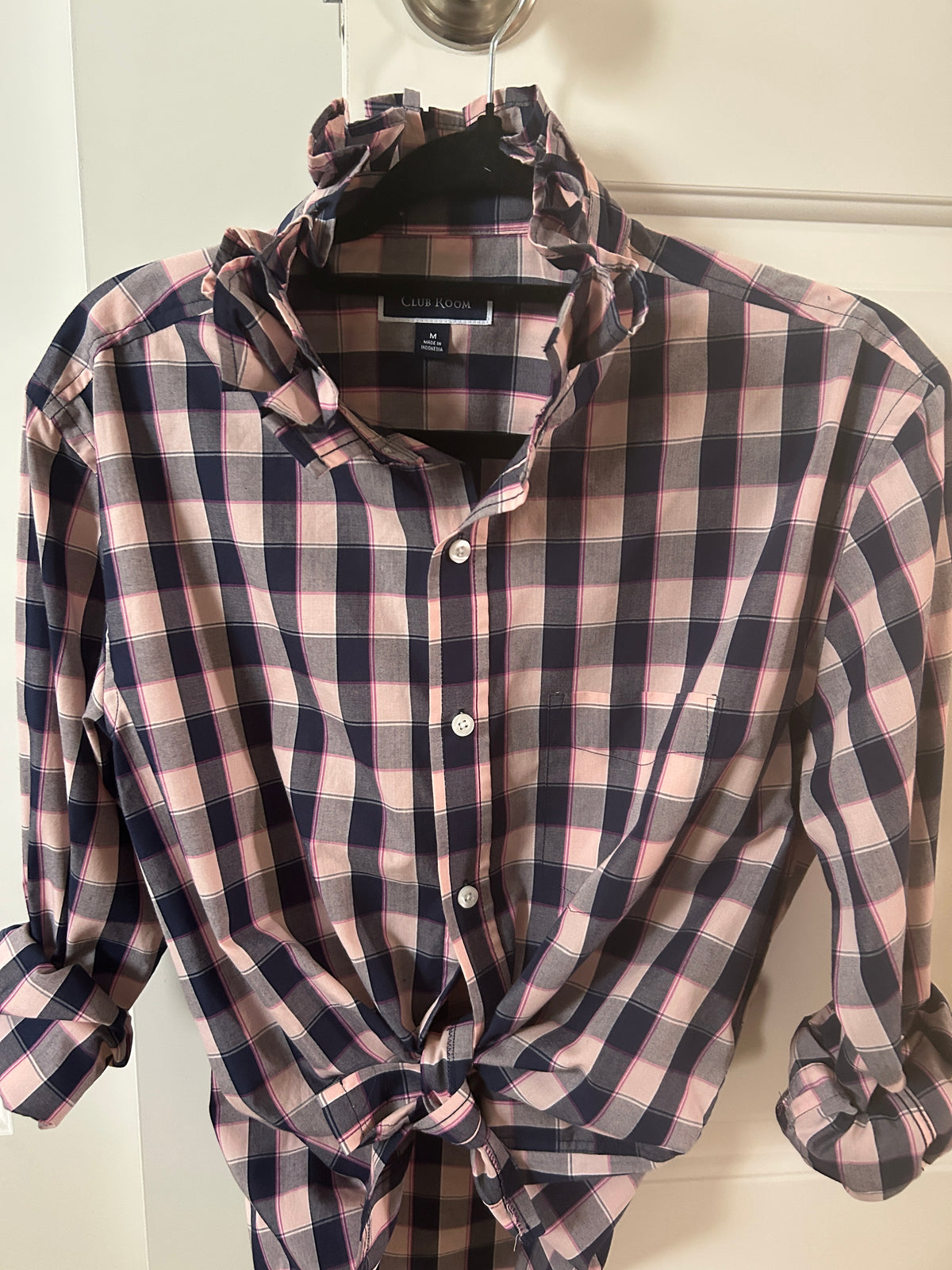 Olivia a beautiful pink and Navy plaid long sleev with ruffled collar