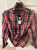 Meet Roberta a Red and Navy plaid button down shirt with ruffled collar