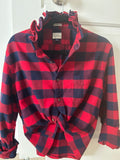 Meet Gina, Red and Navy Buffalo Plaid FLannel Shirt with Ruffled Collar