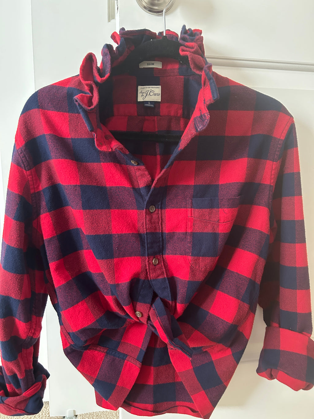 Gina red and navy buffalo plaid button-down shirt with ruffled collar, long sleeves and chest pocket