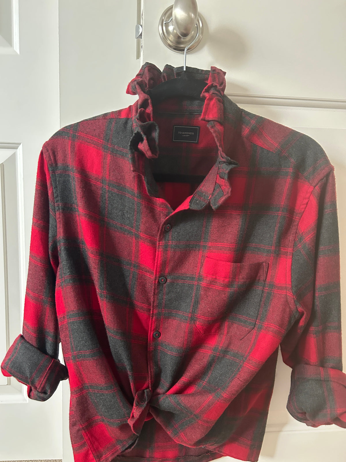 Meet Kathleen, Red and Charcoal Plaid Shirt with Ruffled Collar