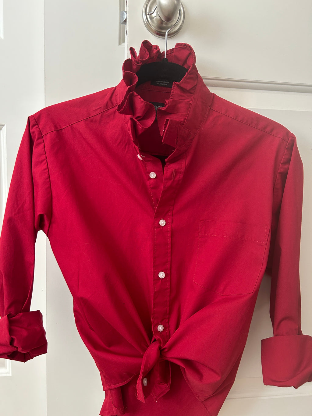 Meet Stevie, Red Button-Down Shirt with Ruffled Collar