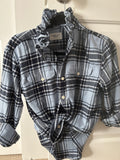 Meet Ali,Light Blue and Navy Plaid Flannel Shirt with Ruffled Collar
