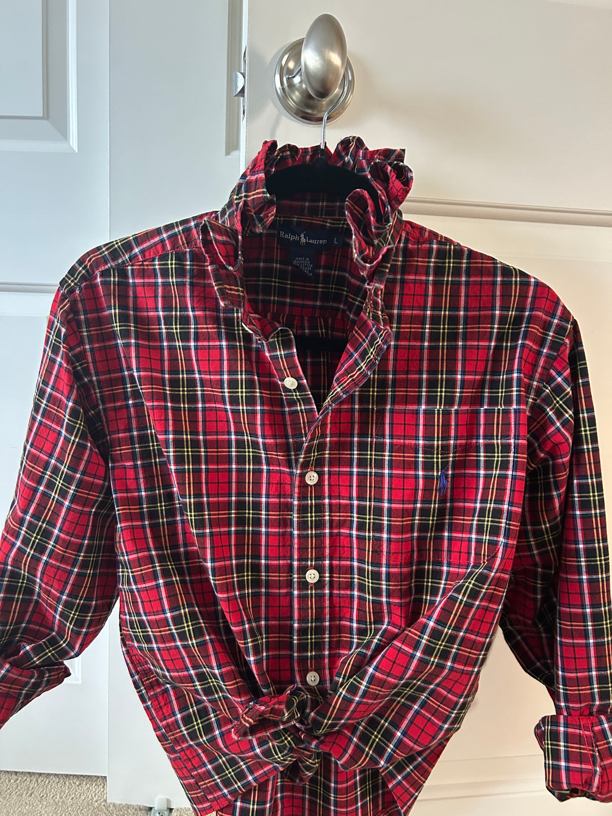 Meet Amanda, Beautiful ruffled collar shirt red and black plaid