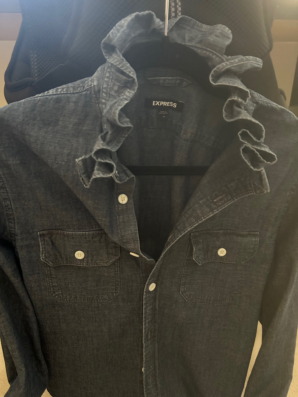 Vanessa - Dark wash denim ruffled collar upcycled top, size Small