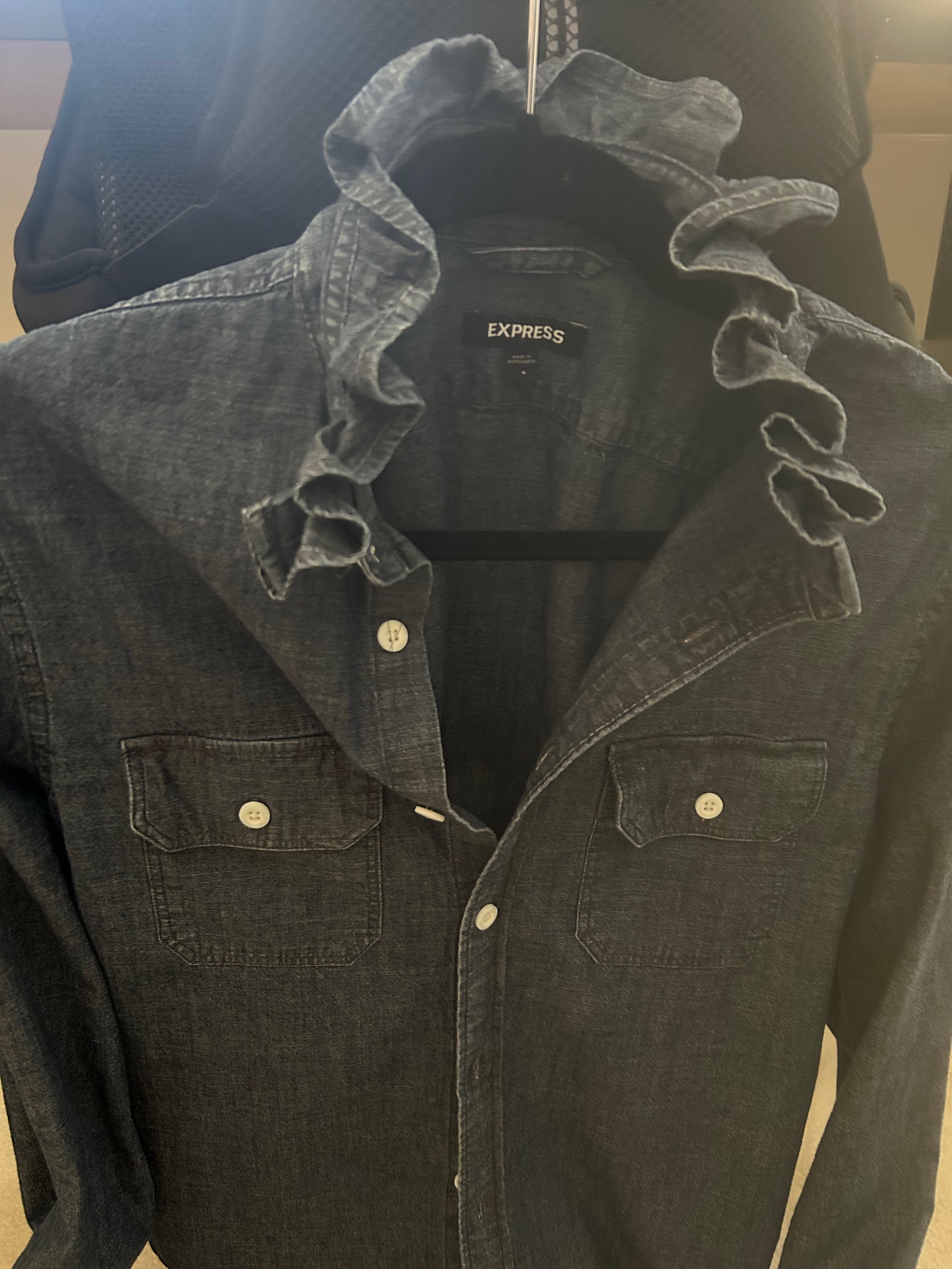 Vanessa - Dark wash denim ruffled collar upcycled top, size Small