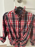 Red & Navy Plaid Ruffled Collar Shirt — Medium