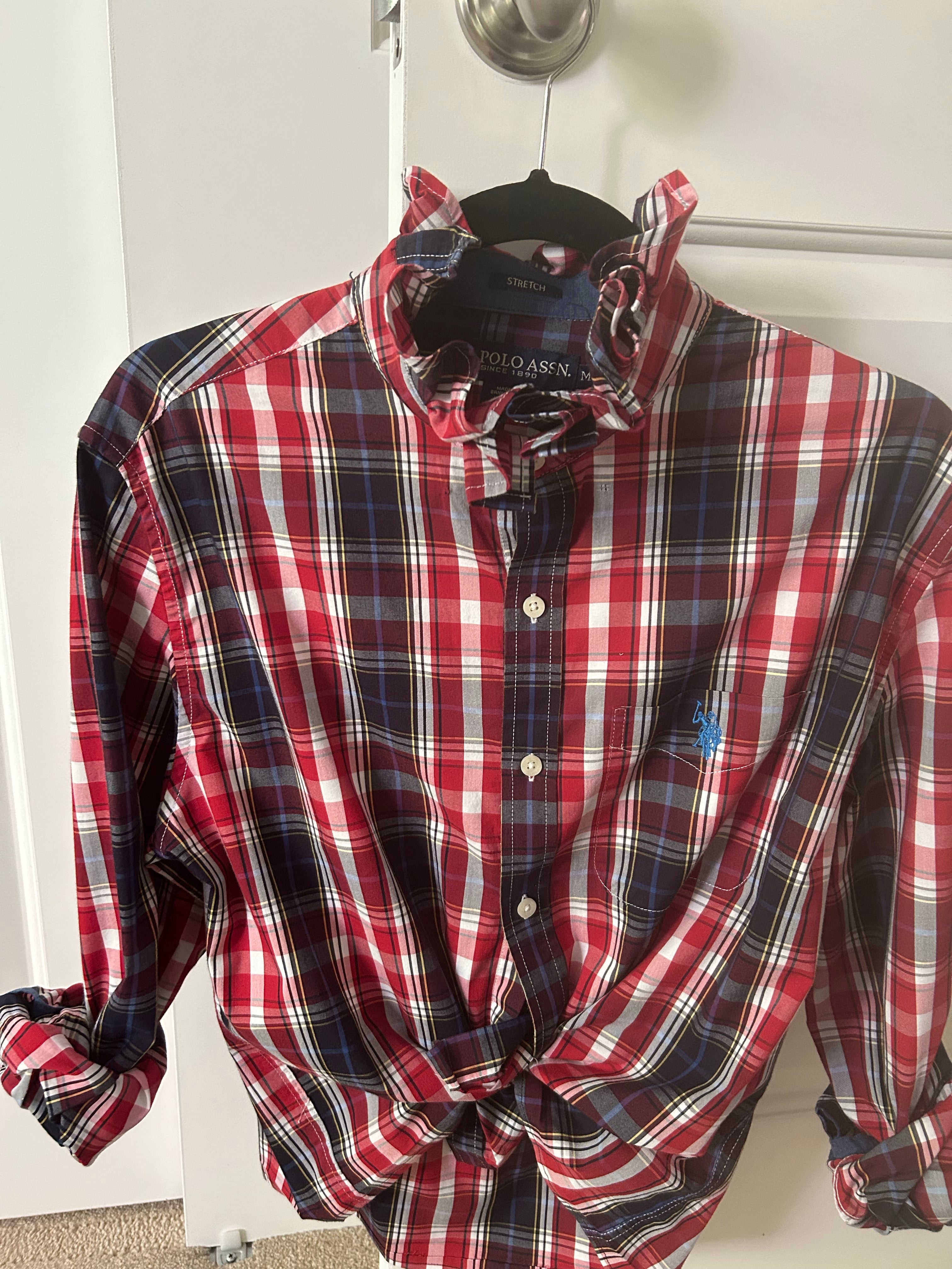 Red & Navy Plaid Ruffled Collar Shirt — Medium