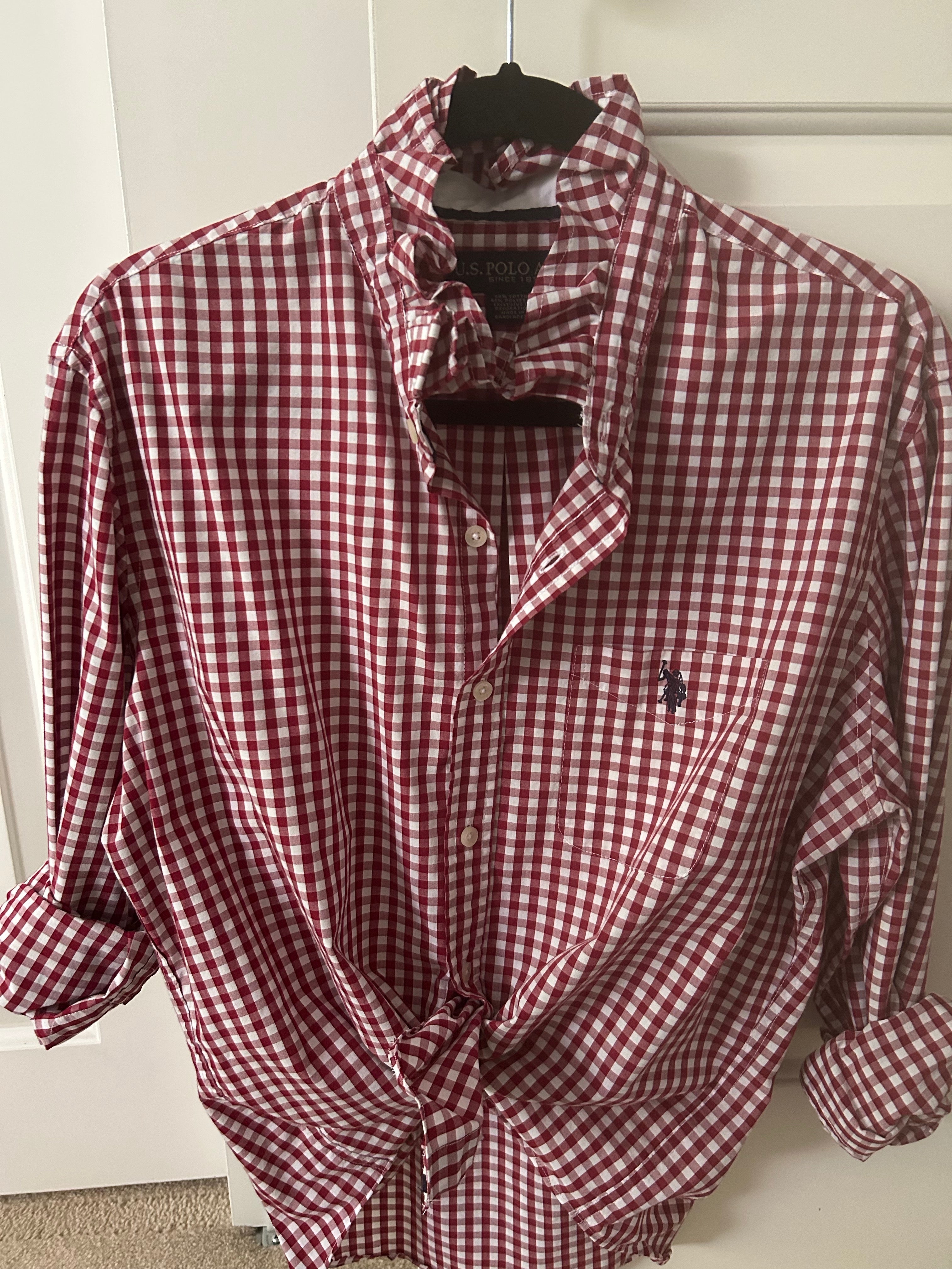 Burgundy Gingham Ruffled Collar Shirt — Large