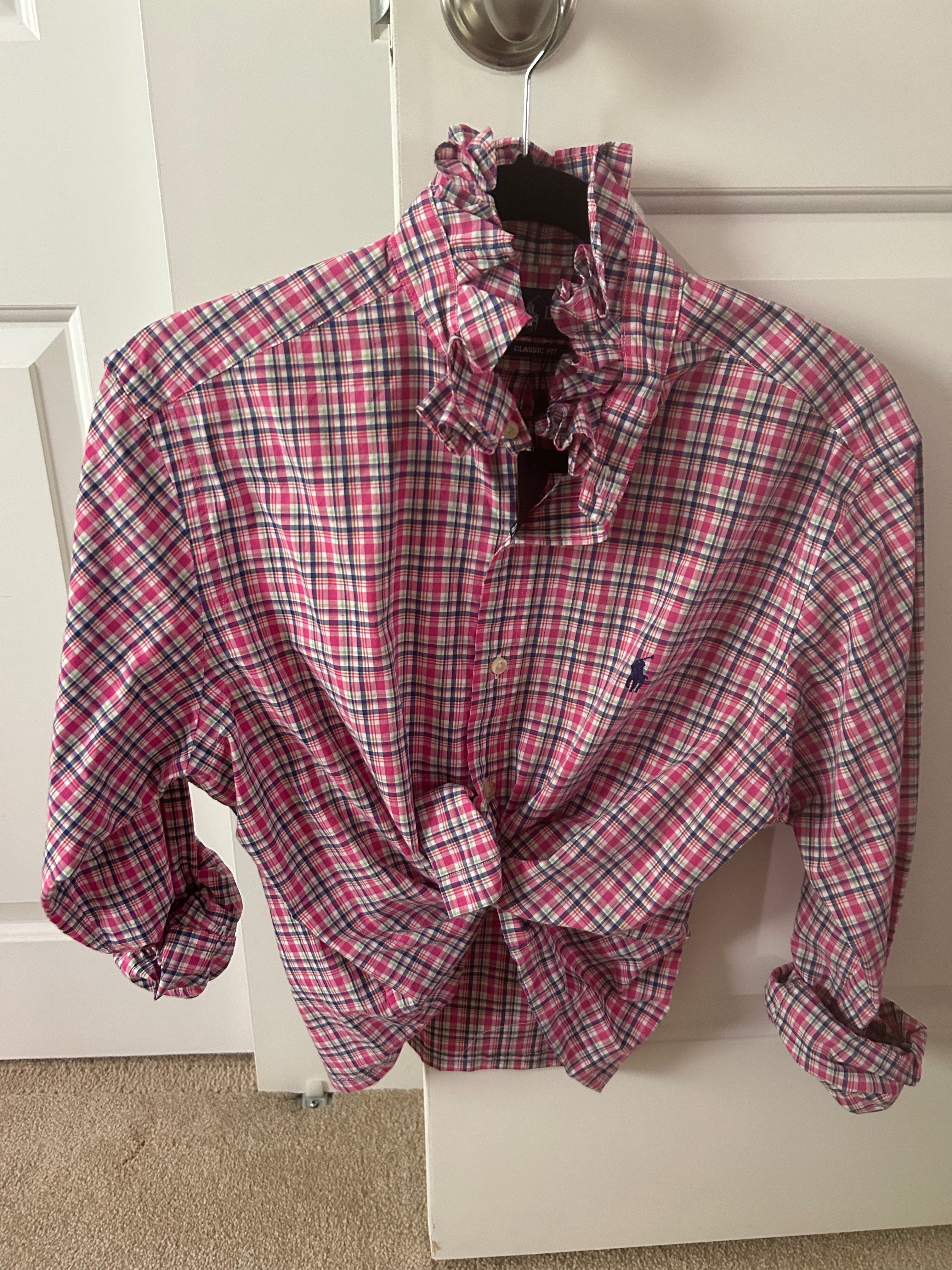 Pink Plaid Ruffled Collar Shirt — Small/Medium