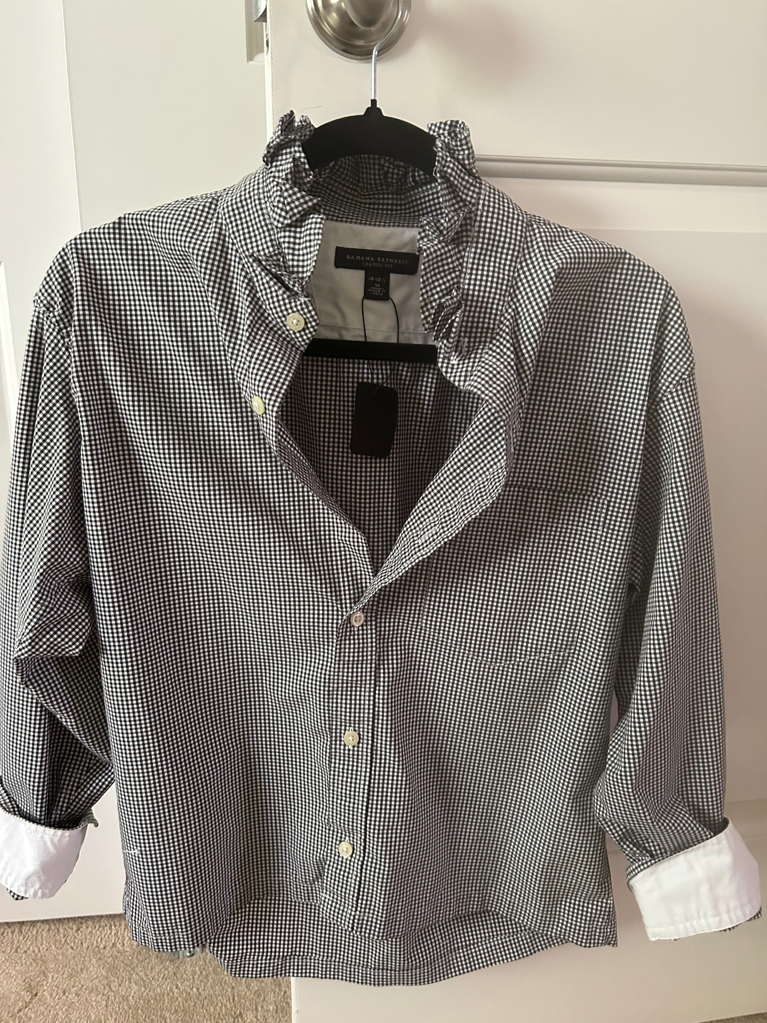 The Camryn — Black & White Micro Gingham Ruffled Collar Shirt — Small