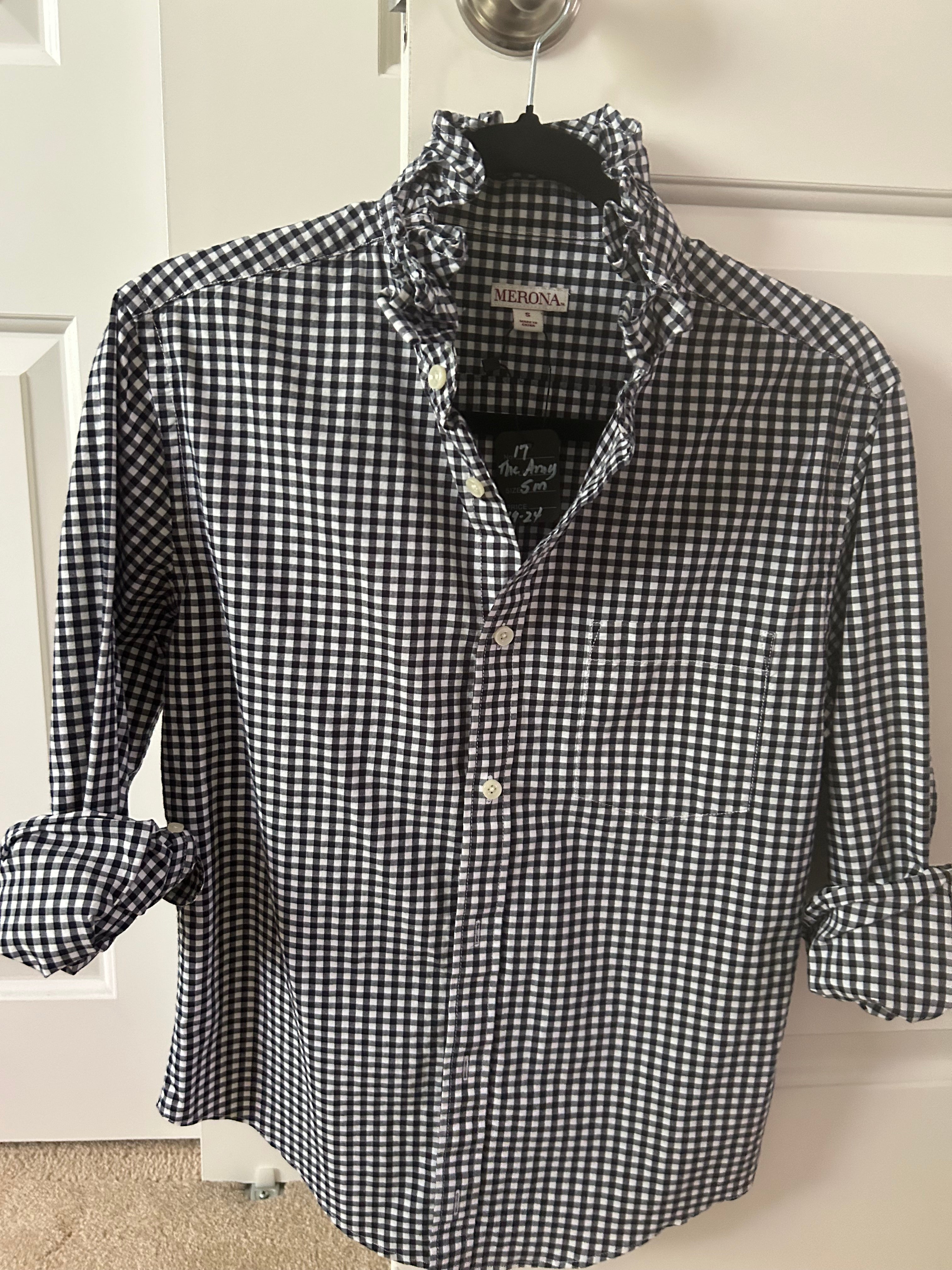 Navy Blue and Whitr Gingham Ruffled Collar Top