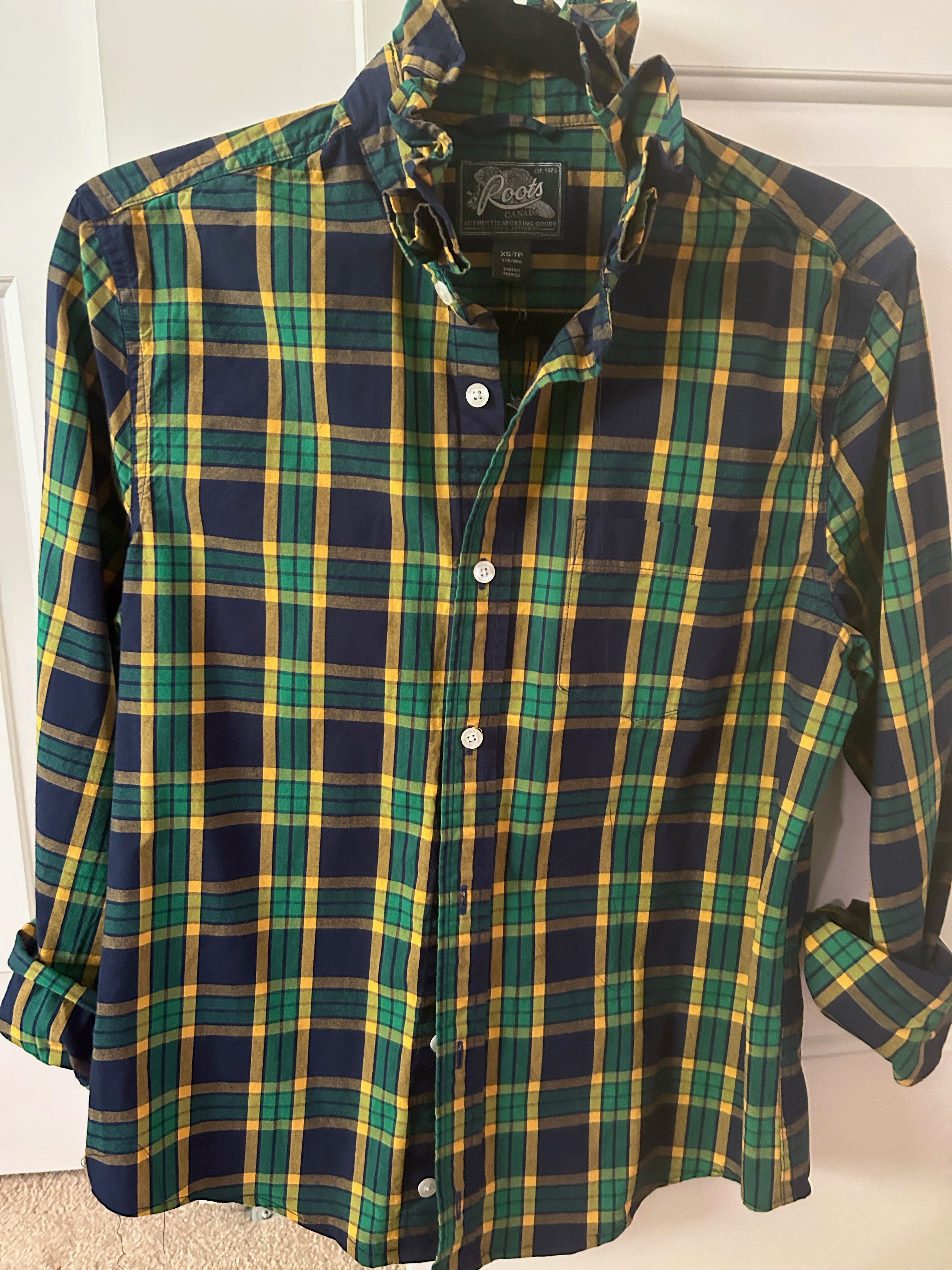 Green & Gold Plaid Ruffled Collar Shirt — XSmall/Small