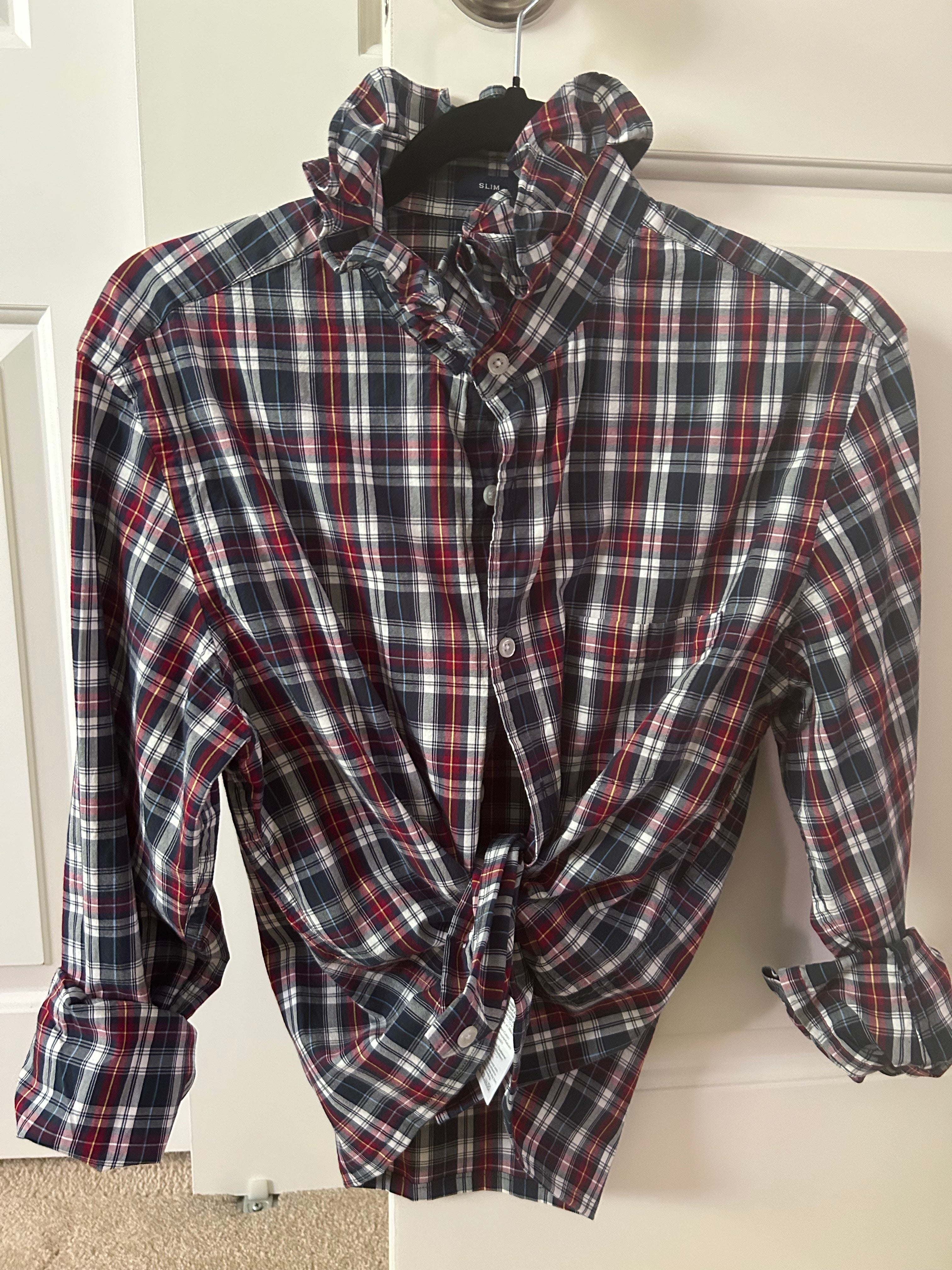 Navy & Red Tartan Ruffled Collar Shirt — Medium