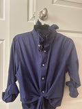 The Regina — Navy Windowpane Ruffled Collar Shirt — Large