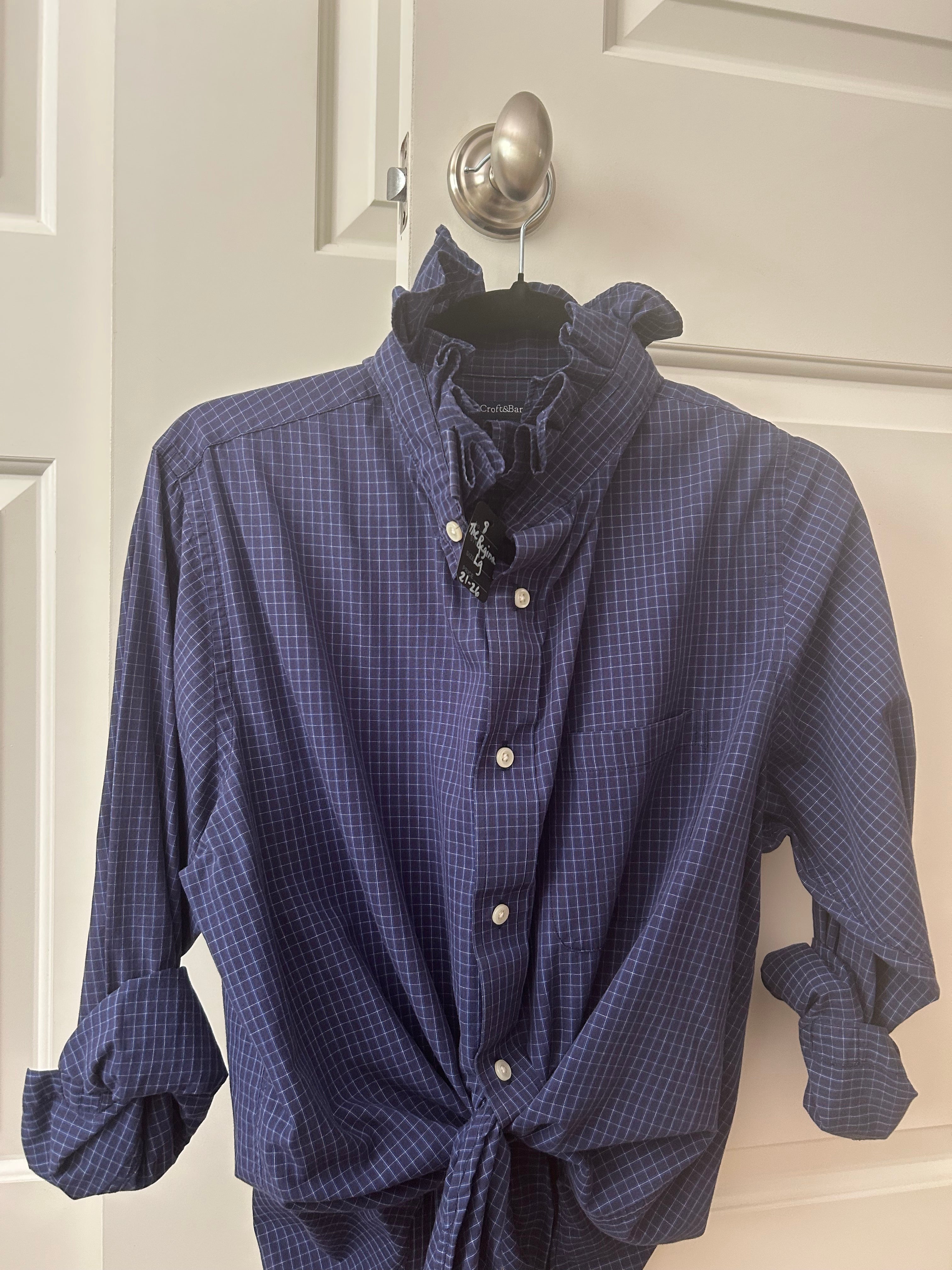 The Regina — Navy Windowpane Ruffled Collar Shirt — Large