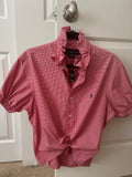 Red Gingham Ruffled Collar Short Sleeve Shirt — Medium