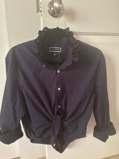 Carmen - Navy pin-dot ruffled collar upcycled top, size Large
