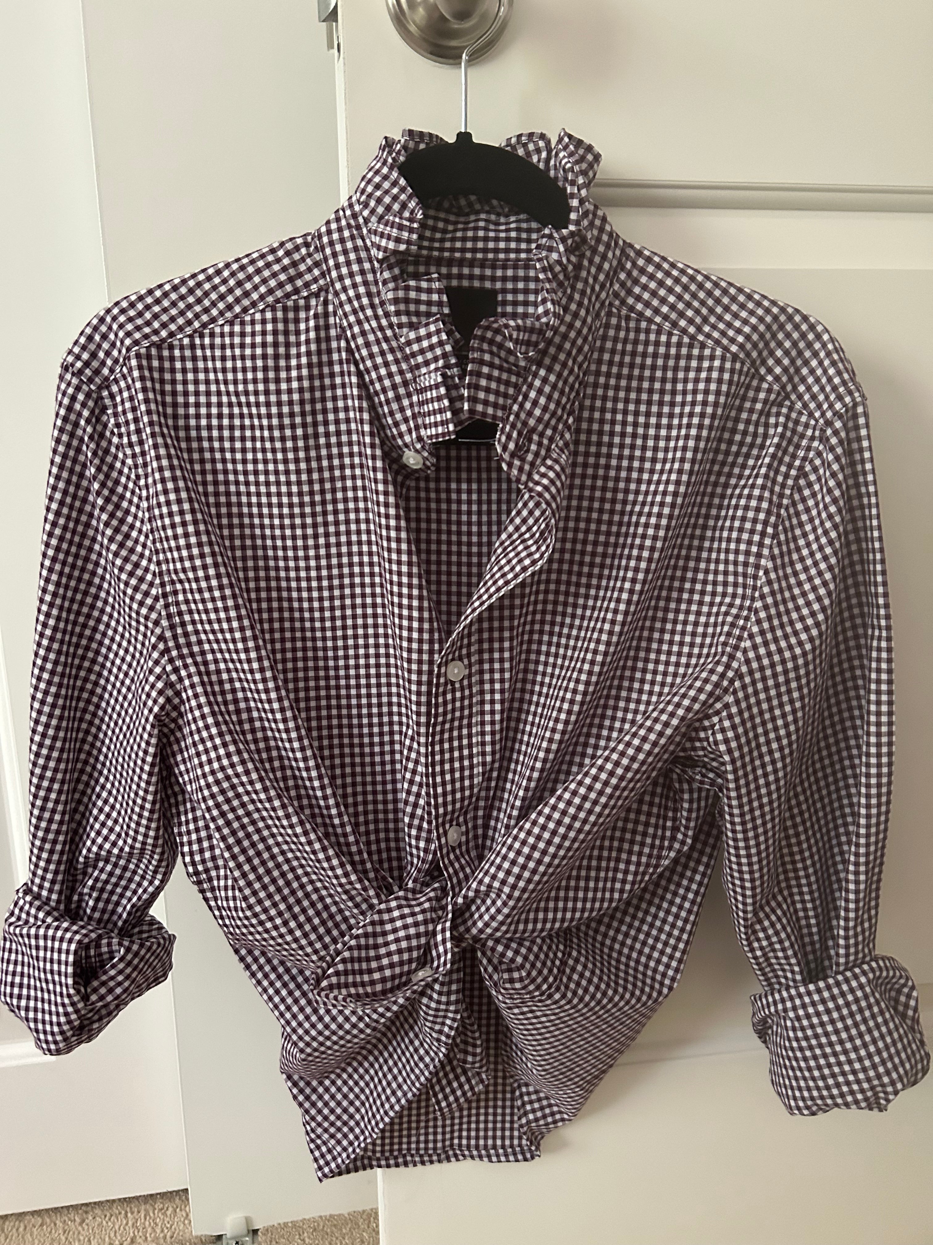 The Genevieve — Burgundy Micro Gingham Ruffled Collar Shirt — Large