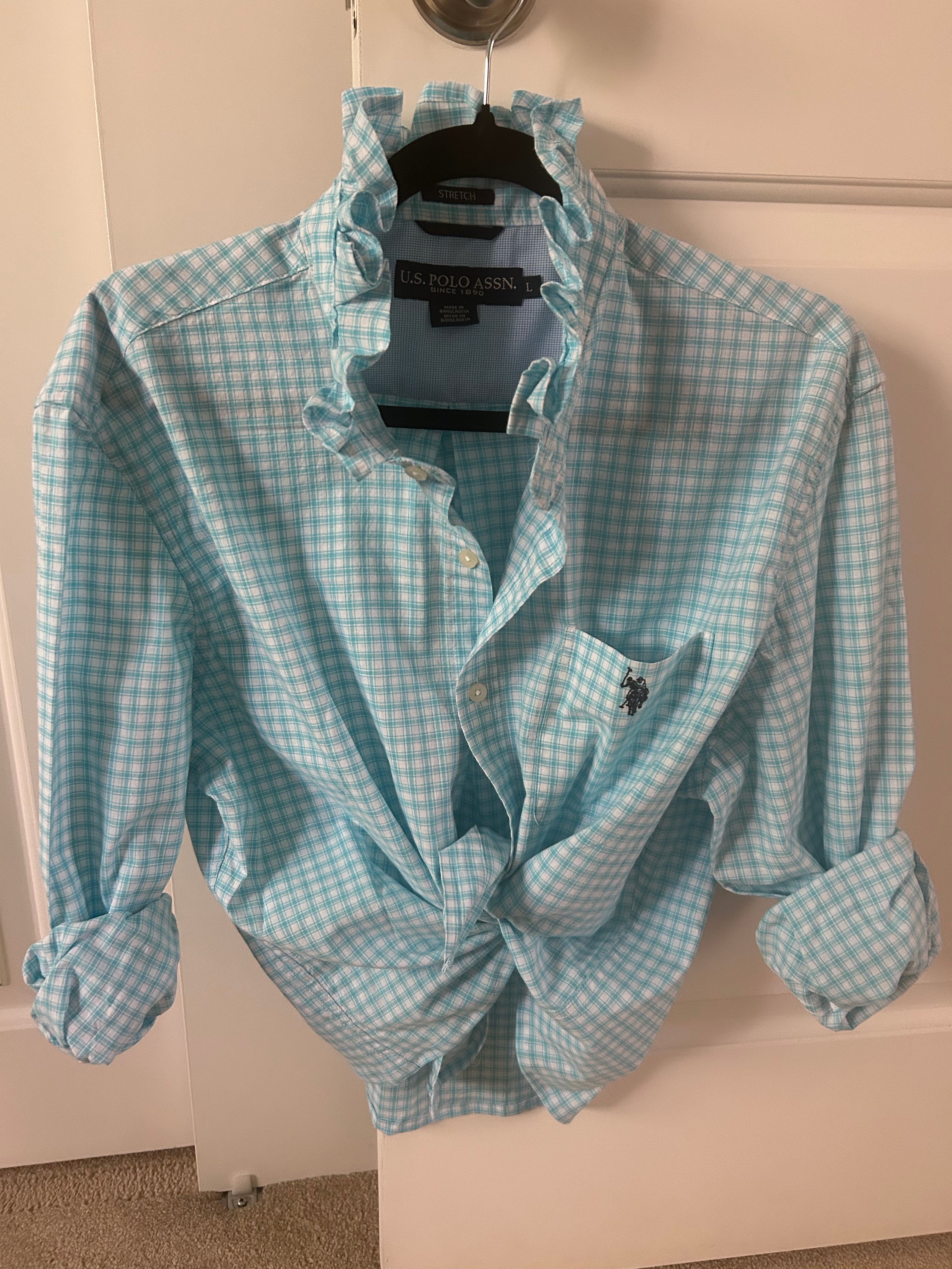 Aqua Plaid Ruffled Collar Shirt — Large/XL