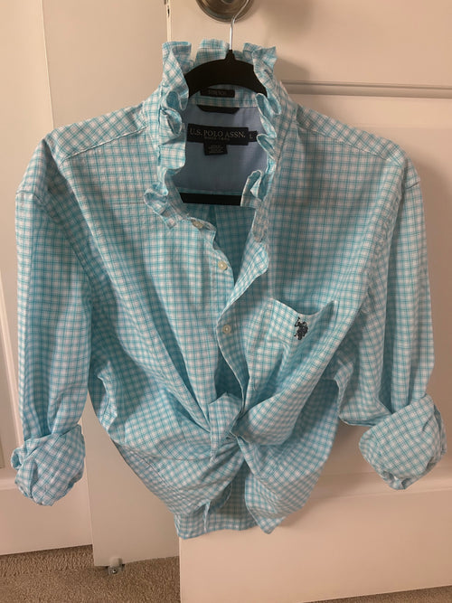 Aqua Plaid Ruffled Collar Shirt — Large/XL