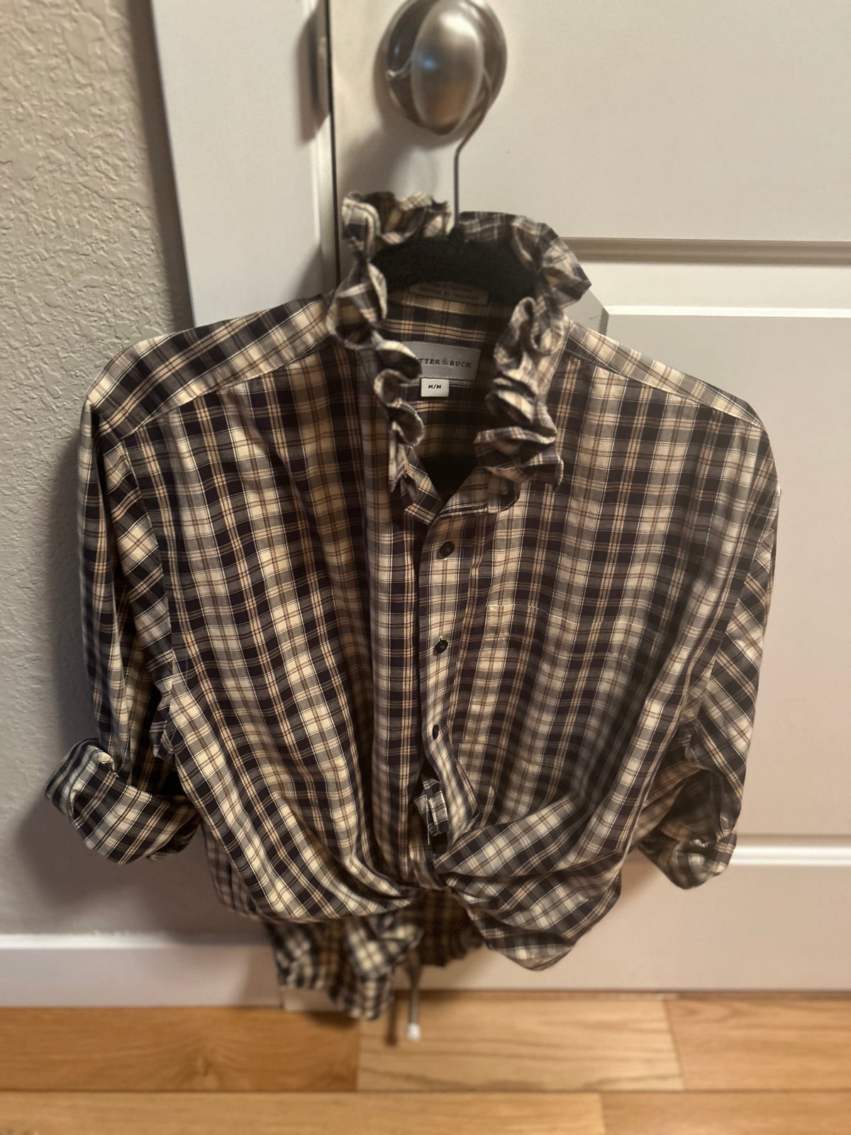 Danille, Long sleeve olive green plaid with ruffled collar