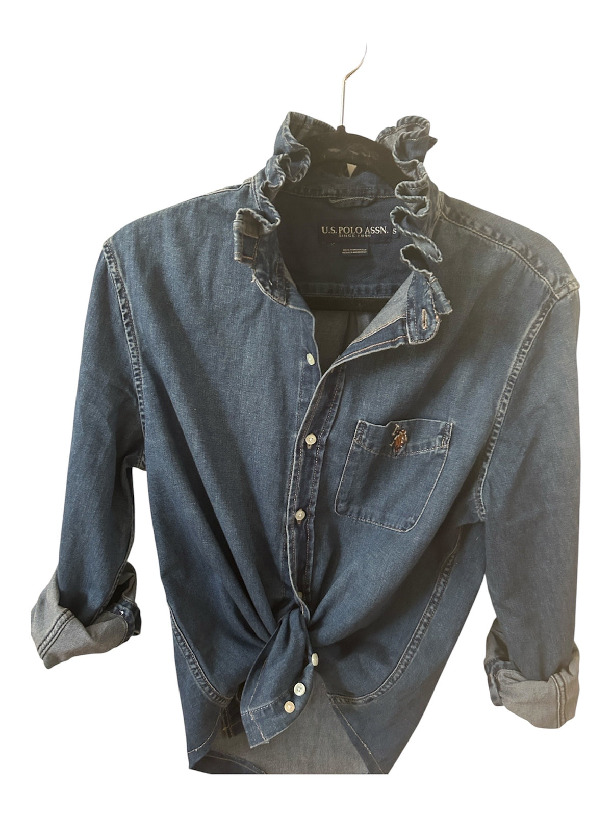 Meet Dana, Blue Denim Shirt with Ruffled Collar